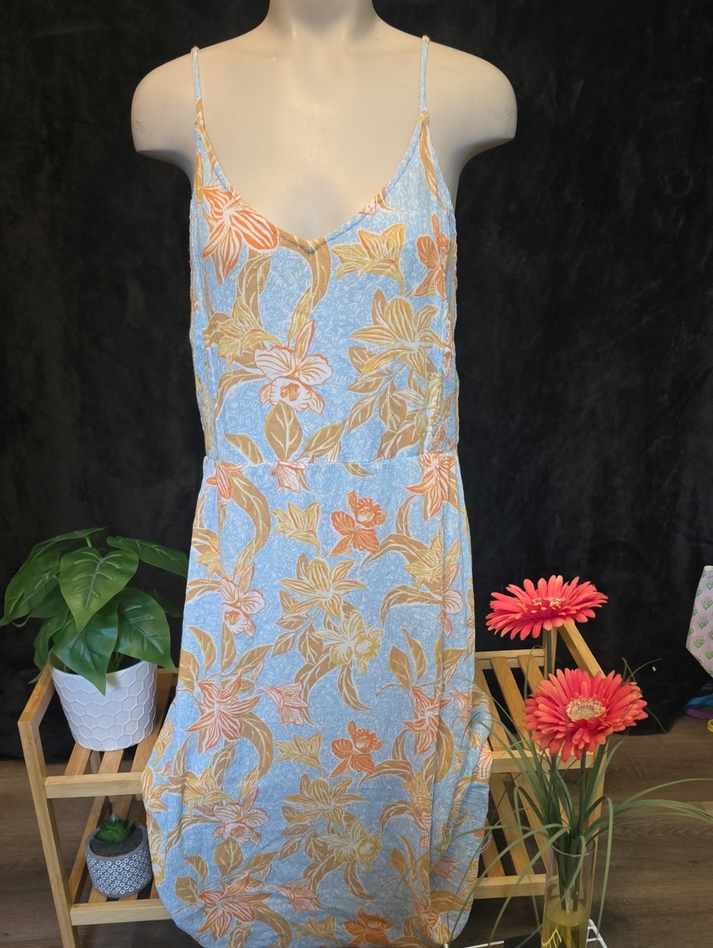 Roxy Light Blue Floral Midi Slip Dress with Orange and Tan Blooms